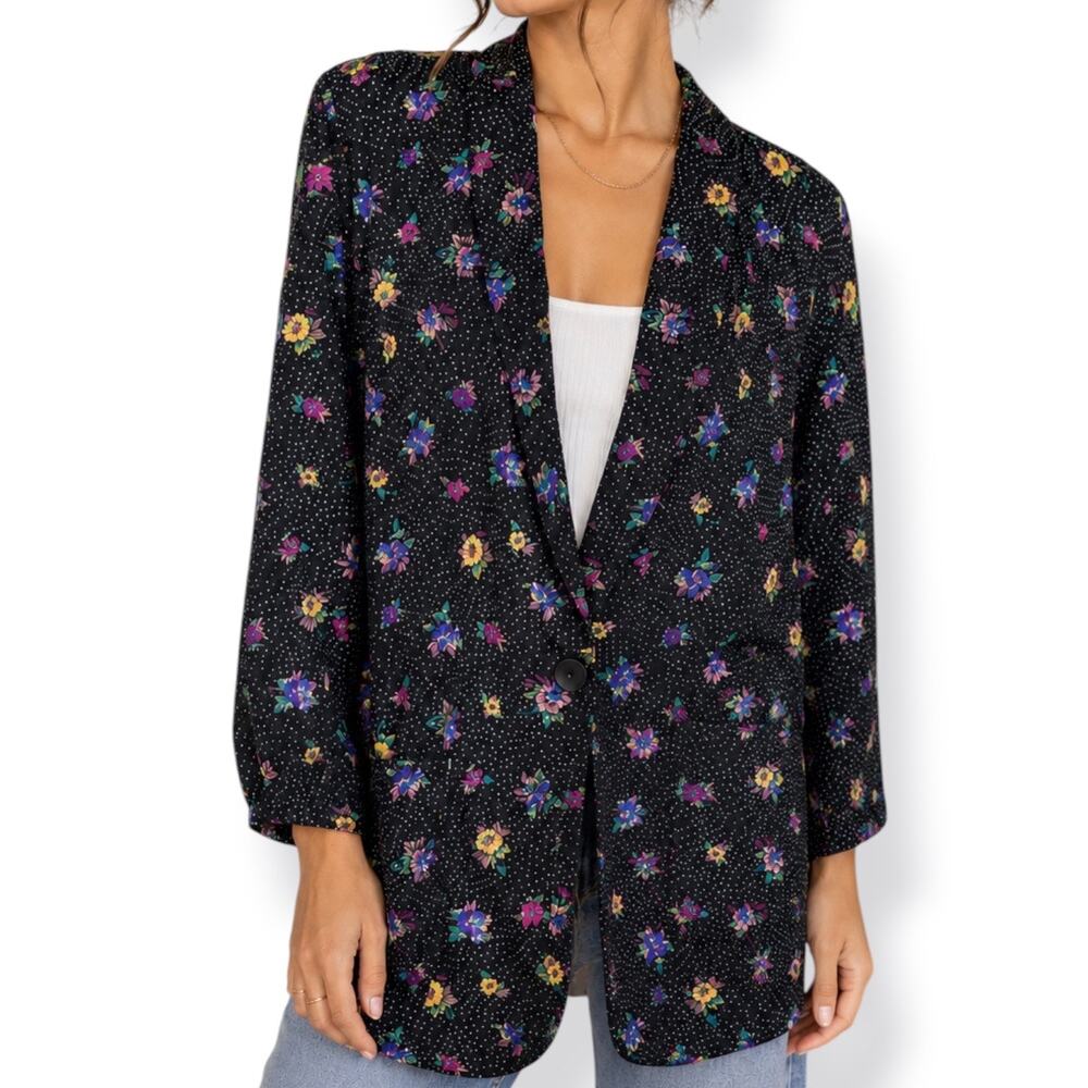 Vintage 90s Black Oversized Floral Polka Dot Rayon Blazer Jacket Whimsical Retro